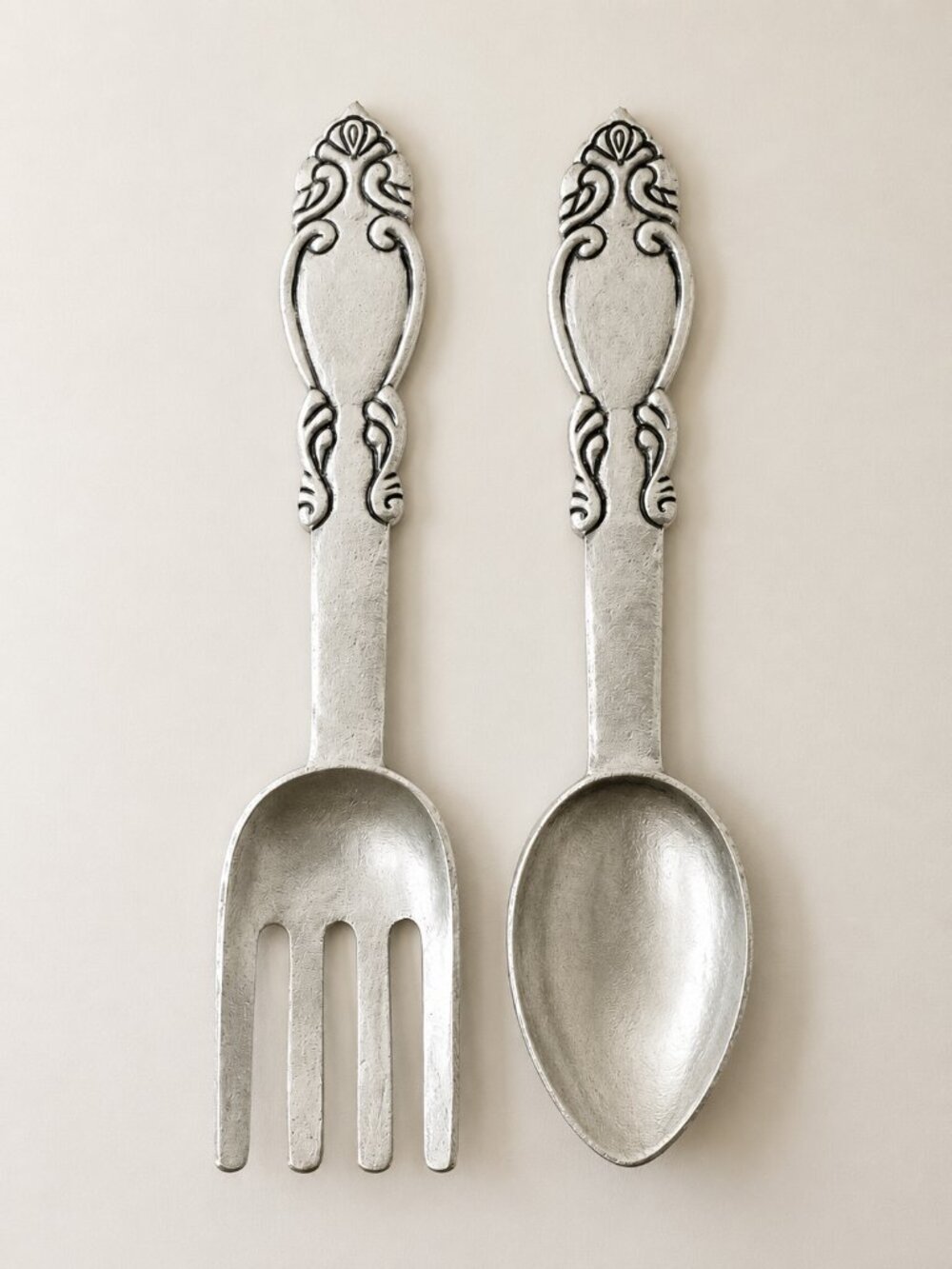 Vintage Oversized Silver Tone Wall Spoon & Fork Set Ornate 24" Made in India